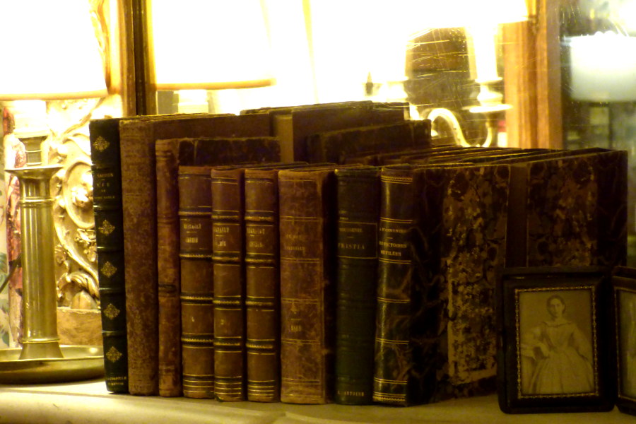 Livres anciens sur la cheminée du salon de l'hôtel la Tonnellerie de Tavers