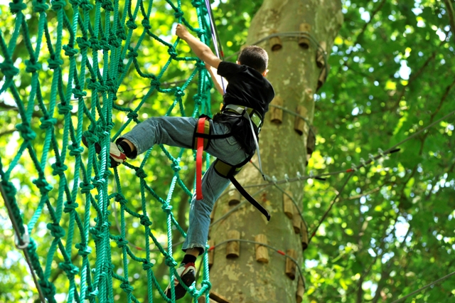 Un enfant dans l'acrobranche de Léo parc aventure d'orleans