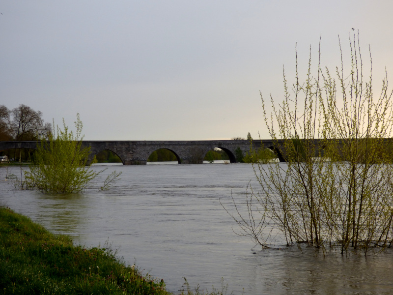 Loire en crue en Avril 2024 sous le pont de Beaugency dans le Loiret entre Orléans et Blois